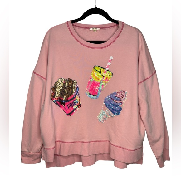 ODDY Tops - Oddy Boxy Pullover Sweatshirt Sequined French Fries Drink Ice Cream Appliques LG